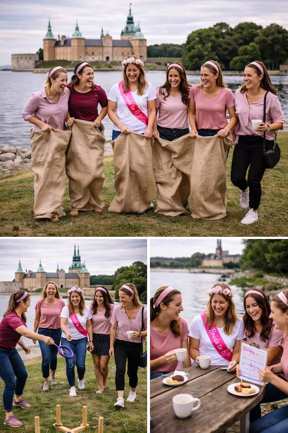 Möhippa i Kalmar med aktiviteter nära slott och skärgård – glada deltagare leker och fikar vid vattnet med Kalmar slott i bakgrunden.